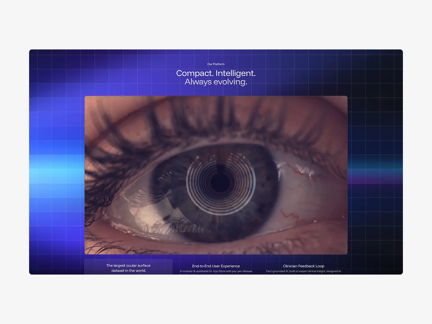 Room with large screen displaying a comparison chart titled 'Starting with Dry Eye Disease' showing AI4Eyes versus traditional methods for dry eye diagnosis and a testimonial from an MD.