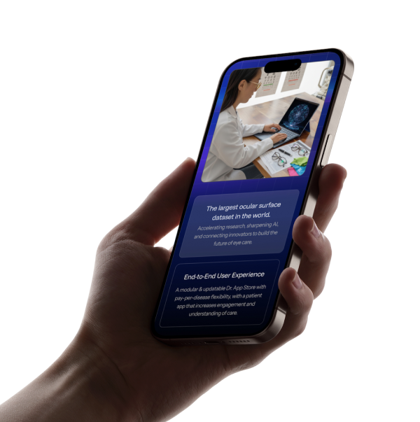 Informational panels describing AI4Eyes eye care technology with a person on a laptop, device image, and key features like faster diagnostics and personalized treatment.