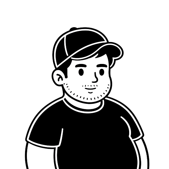 Black and white cartoon avatar of a man with a beard and mustache wearing a cap and a t-shirt.